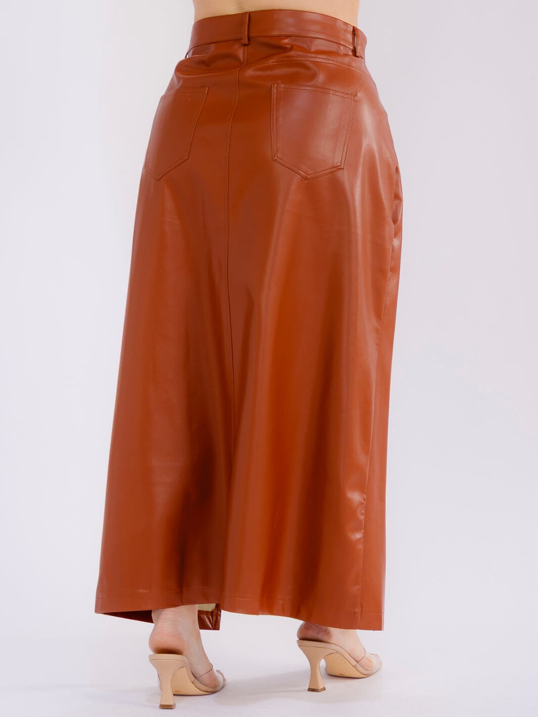 PLUS SIZE BUTTON CLOSURE FRONT SLIT POCKETS PU PLEATHER MAXI SKIRT