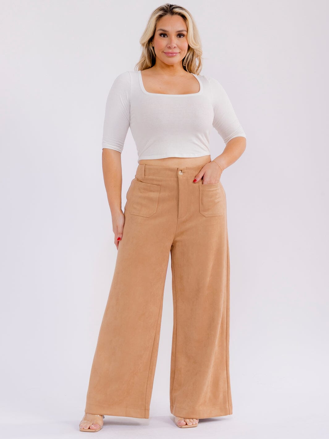 PLUS SIZE BUTTON CLOSURE POCKETS VELVET WIDE LEG PANTS