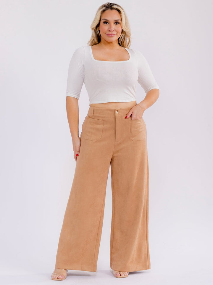 PLUS SIZE BUTTON CLOSURE POCKETS VELVET WIDE LEG PANTS