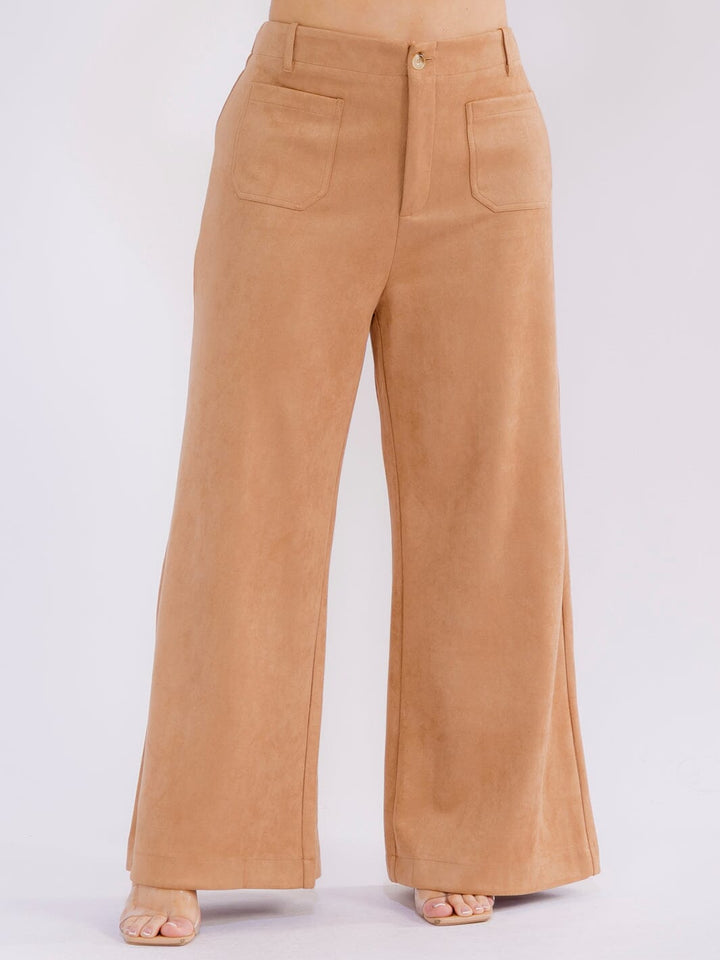 PLUS SIZE BUTTON CLOSURE POCKETS VELVET WIDE LEG PANTS
