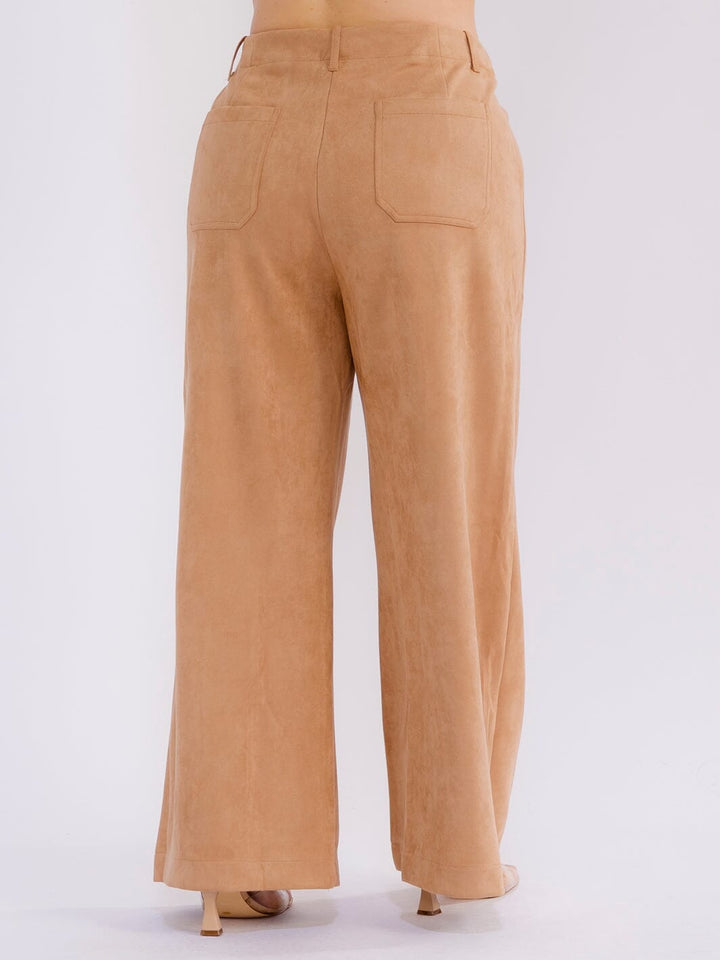 PLUS SIZE BUTTON CLOSURE POCKETS VELVET WIDE LEG PANTS
