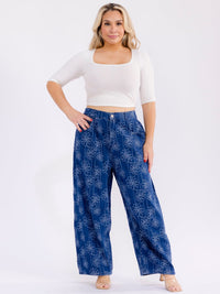 PLUS SIZE BUTTON CLOSURE POCKETS WIDE LEG FLORAL DENIM PANTS