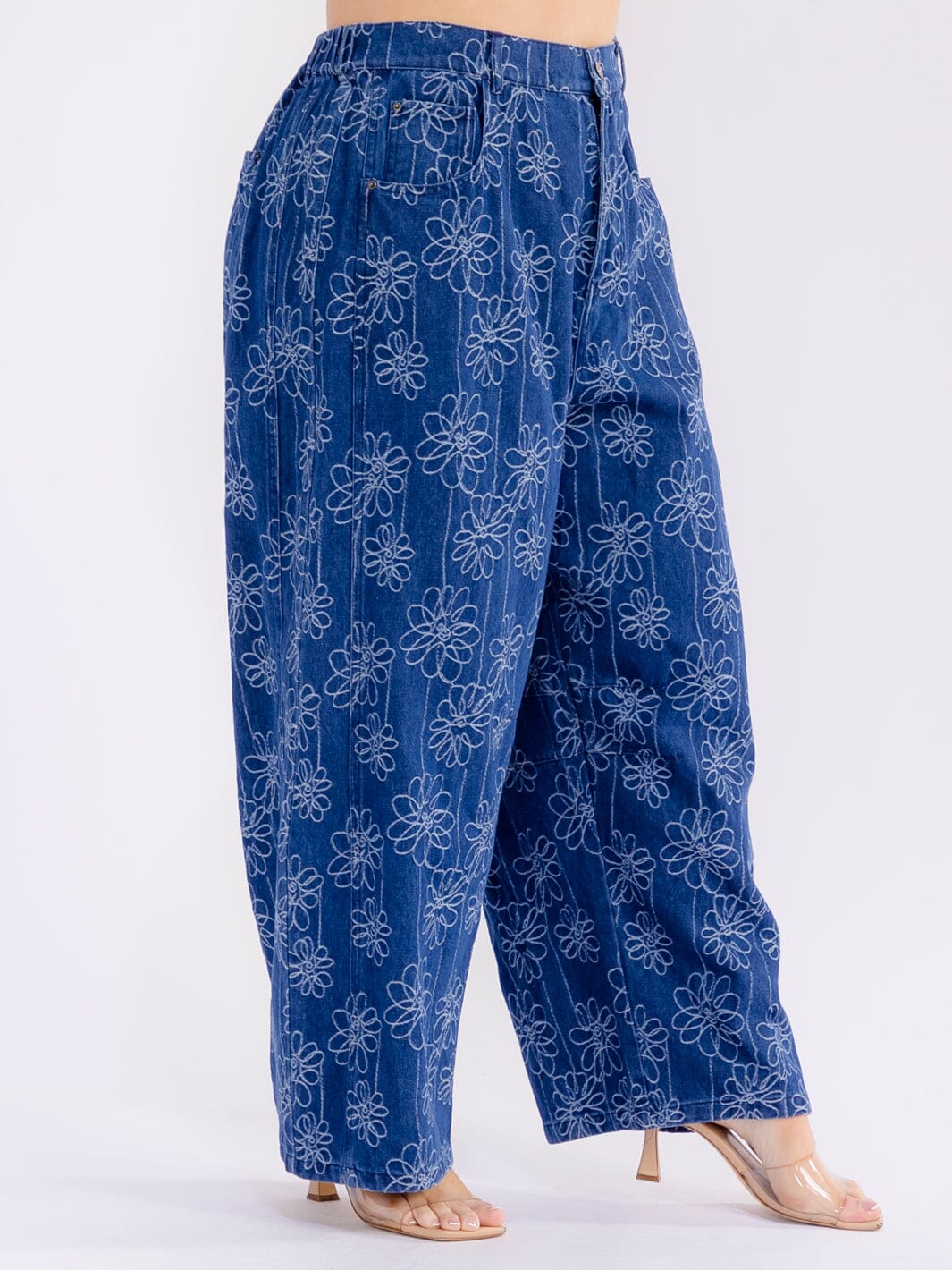 PLUS SIZE BUTTON CLOSURE POCKETS WIDE LEG FLORAL DENIM PANTS