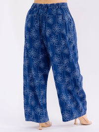 PLUS SIZE BUTTON CLOSURE POCKETS WIDE LEG FLORAL DENIM PANTS
