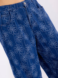 PLUS SIZE BUTTON CLOSURE POCKETS WIDE LEG FLORAL DENIM PANTS