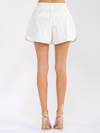 WOMEN'S ELASTIC WAIST FRONT POCKETS SELF TIE MINI SHORTS