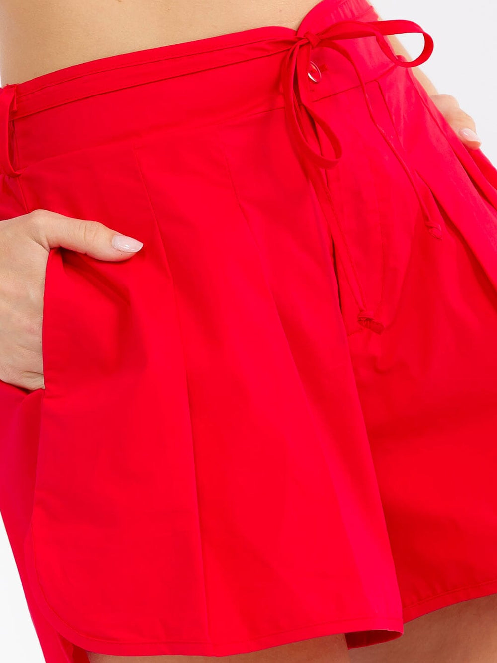 WOMEN'S ELASTIC WAIST FRONT POCKETS SELF TIE MINI SHORTS