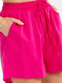 WOMEN'S ELASTIC WAIST FRONT POCKETS SELF TIE MINI SHORTS
