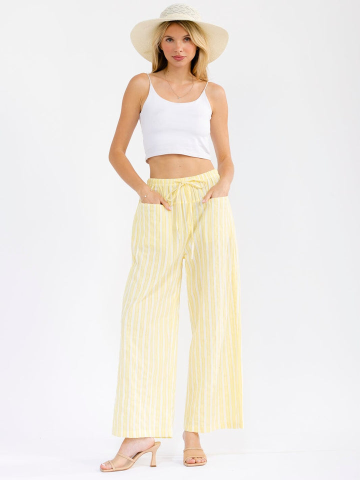 WOMEN'S ELASTIC WAIST FRONT POCKETS WIDE LEG STRIPES COLORBLOCK PANTS