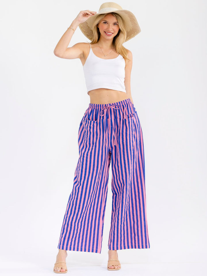 WOMEN'S ELASTIC WAIST FRONT POCKETS WIDE LEG STRIPES COLORBLOCK PANTS