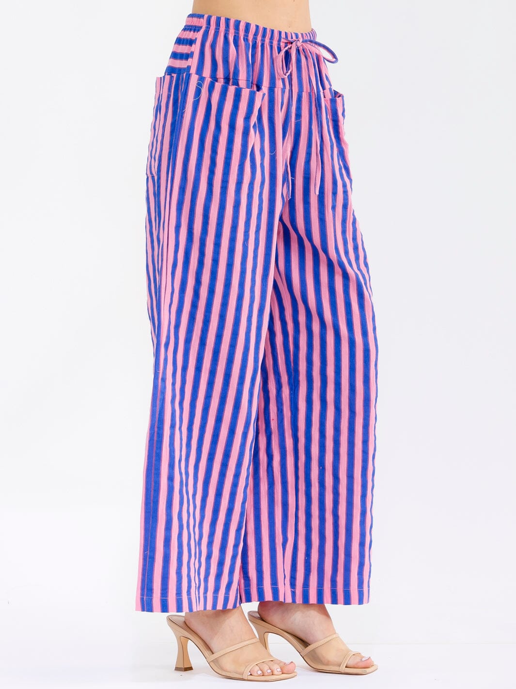 WOMEN'S ELASTIC WAIST FRONT POCKETS WIDE LEG STRIPES COLORBLOCK PANTS