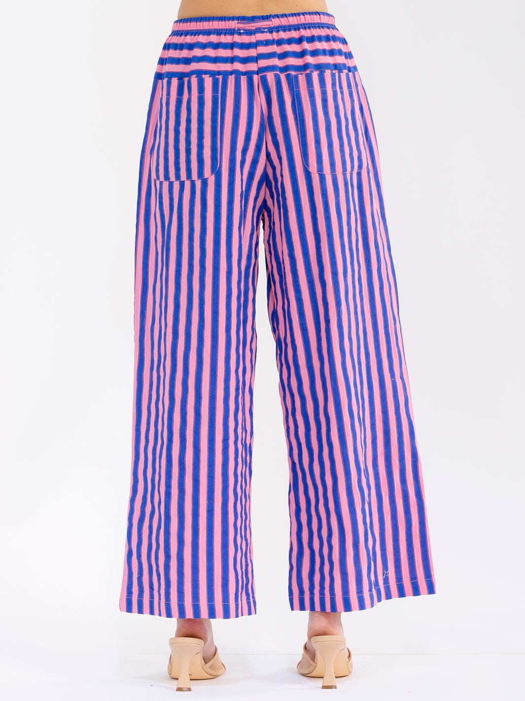 WOMEN'S ELASTIC WAIST FRONT POCKETS WIDE LEG STRIPES COLORBLOCK PANTS
