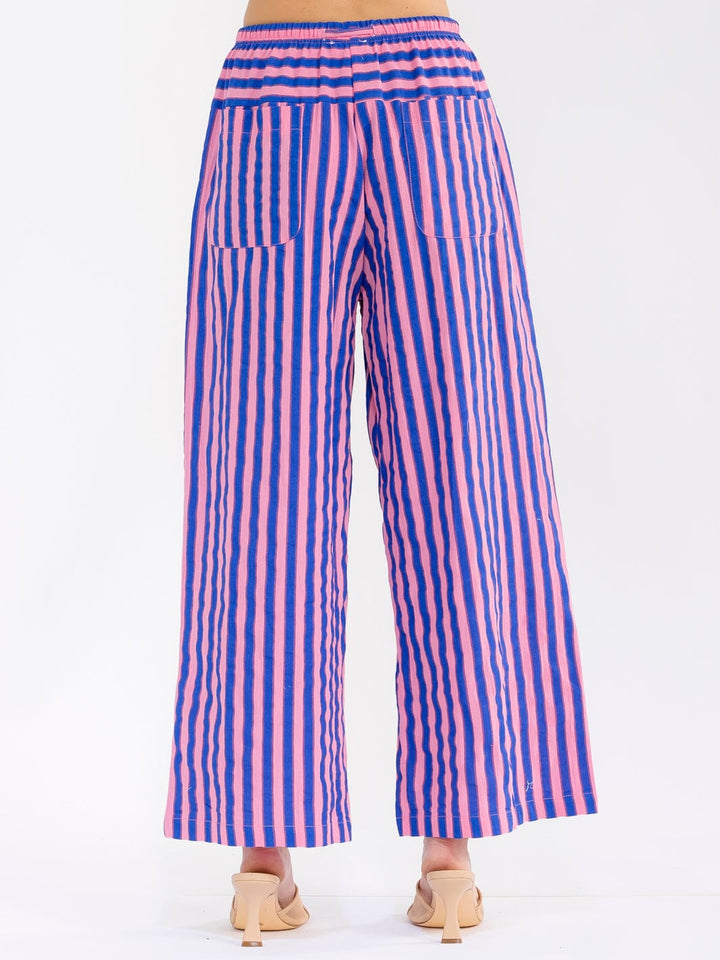 WOMEN'S ELASTIC WAIST FRONT POCKETS WIDE LEG STRIPES COLORBLOCK PANTS