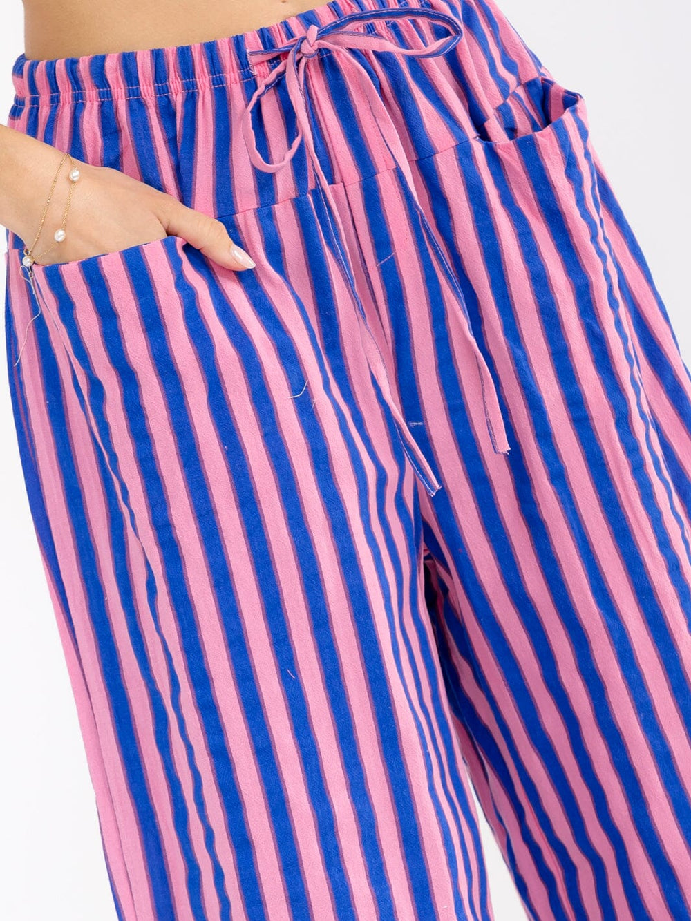 WOMEN'S ELASTIC WAIST FRONT POCKETS WIDE LEG STRIPES COLORBLOCK PANTS