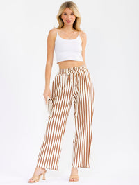 WOMEN'S ELASTIC WAIST FRONT POCKETS STARIGHT LEG STRIPES COLORBLOCK PANTS