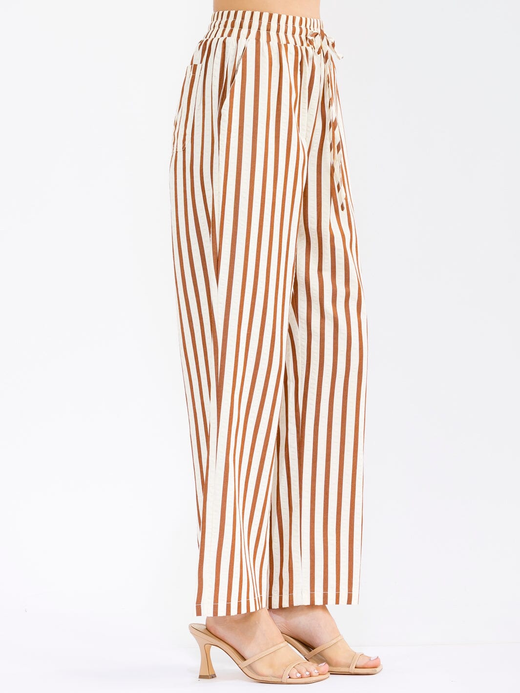 WOMEN'S ELASTIC WAIST FRONT POCKETS STARIGHT LEG STRIPES COLORBLOCK PANTS