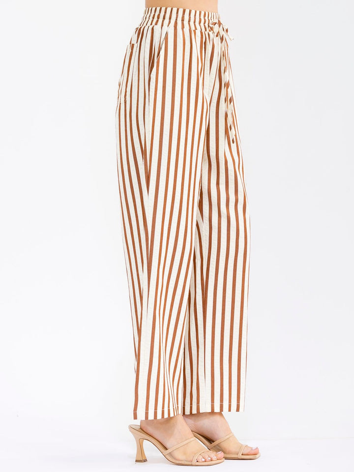 WOMEN'S ELASTIC WAIST FRONT POCKETS STARIGHT LEG STRIPES COLORBLOCK PANTS