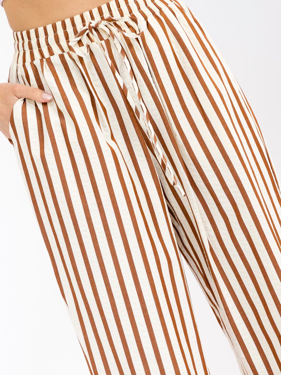 WOMEN'S ELASTIC WAIST FRONT POCKETS STARIGHT LEG STRIPES COLORBLOCK PANTS
