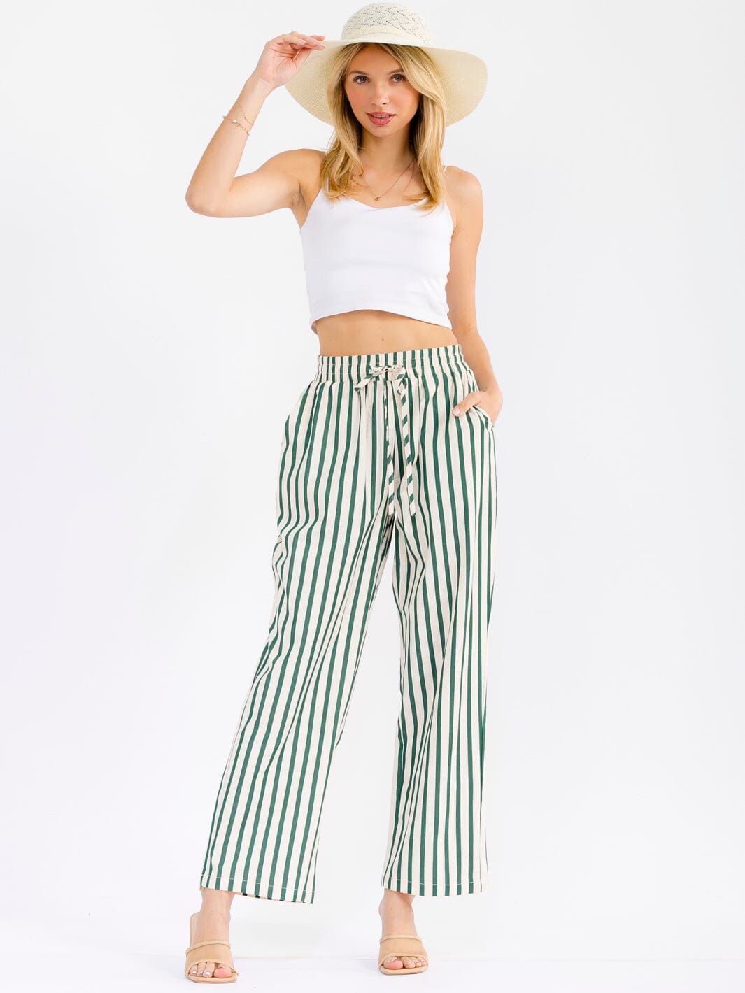WOMEN'S ELASTIC WAIST FRONT POCKETS STARIGHT LEG STRIPES COLORBLOCK PANTS