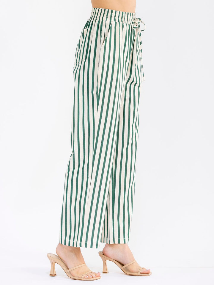 WOMEN'S ELASTIC WAIST FRONT POCKETS STARIGHT LEG STRIPES COLORBLOCK PANTS