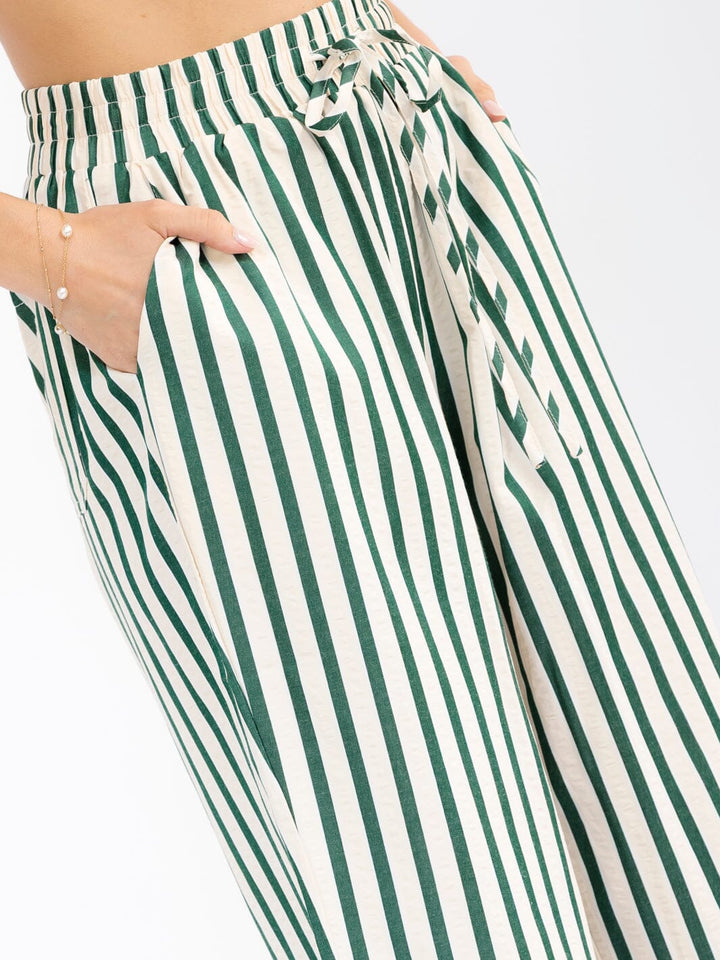 WOMEN'S ELASTIC WAIST FRONT POCKETS STARIGHT LEG STRIPES COLORBLOCK PANTS