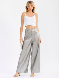 WOMEN'S BUTTON CLOSURE FRONT POCKETS PU PLEATHER WIDE LEG PANTS