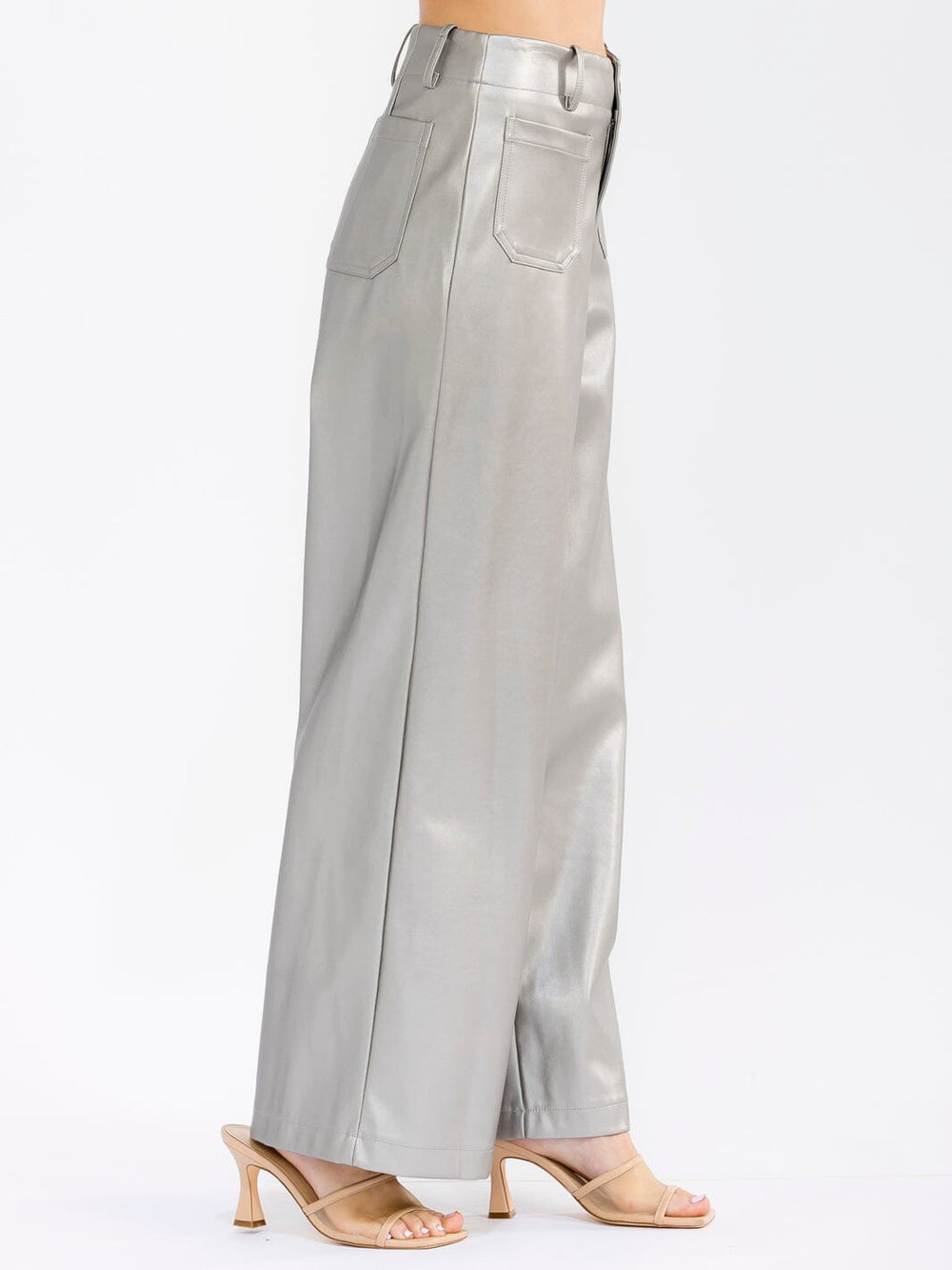 WOMEN'S BUTTON CLOSURE FRONT POCKETS PU PLEATHER WIDE LEG PANTS