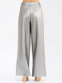 WOMEN'S BUTTON CLOSURE FRONT POCKETS PU PLEATHER WIDE LEG PANTS