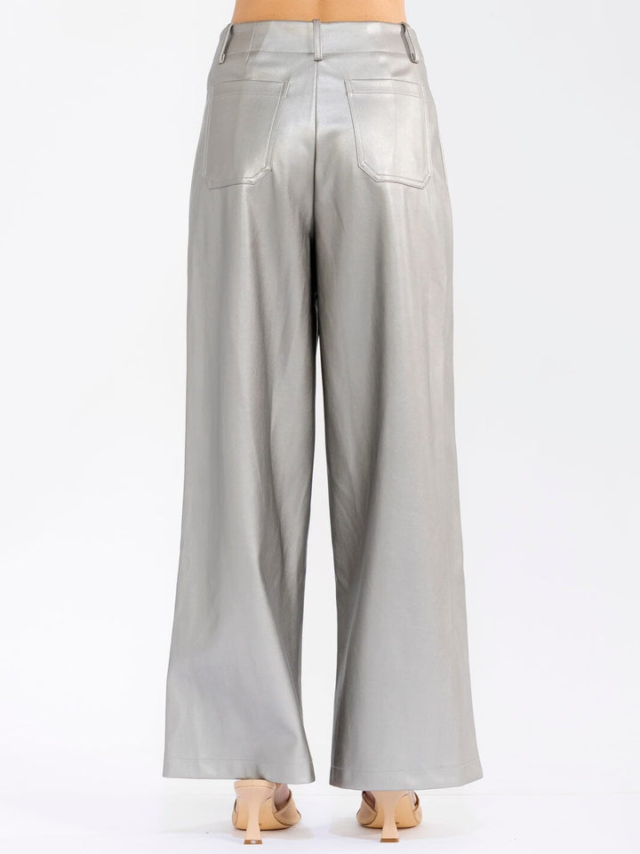 WOMEN'S BUTTON CLOSURE FRONT POCKETS PU PLEATHER WIDE LEG PANTS