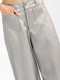 WOMEN'S BUTTON CLOSURE FRONT POCKETS PU PLEATHER WIDE LEG PANTS