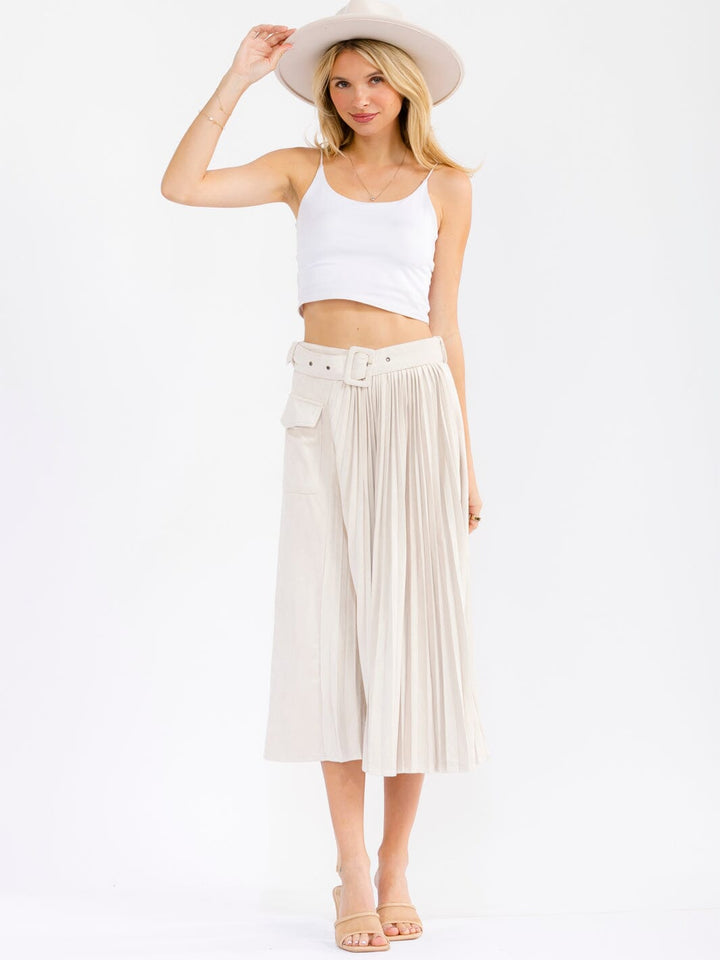 WOMEN'S ELASTIC WAIST FRONT POCKETS BELTED FLARE VELVET MIDI SKIRT