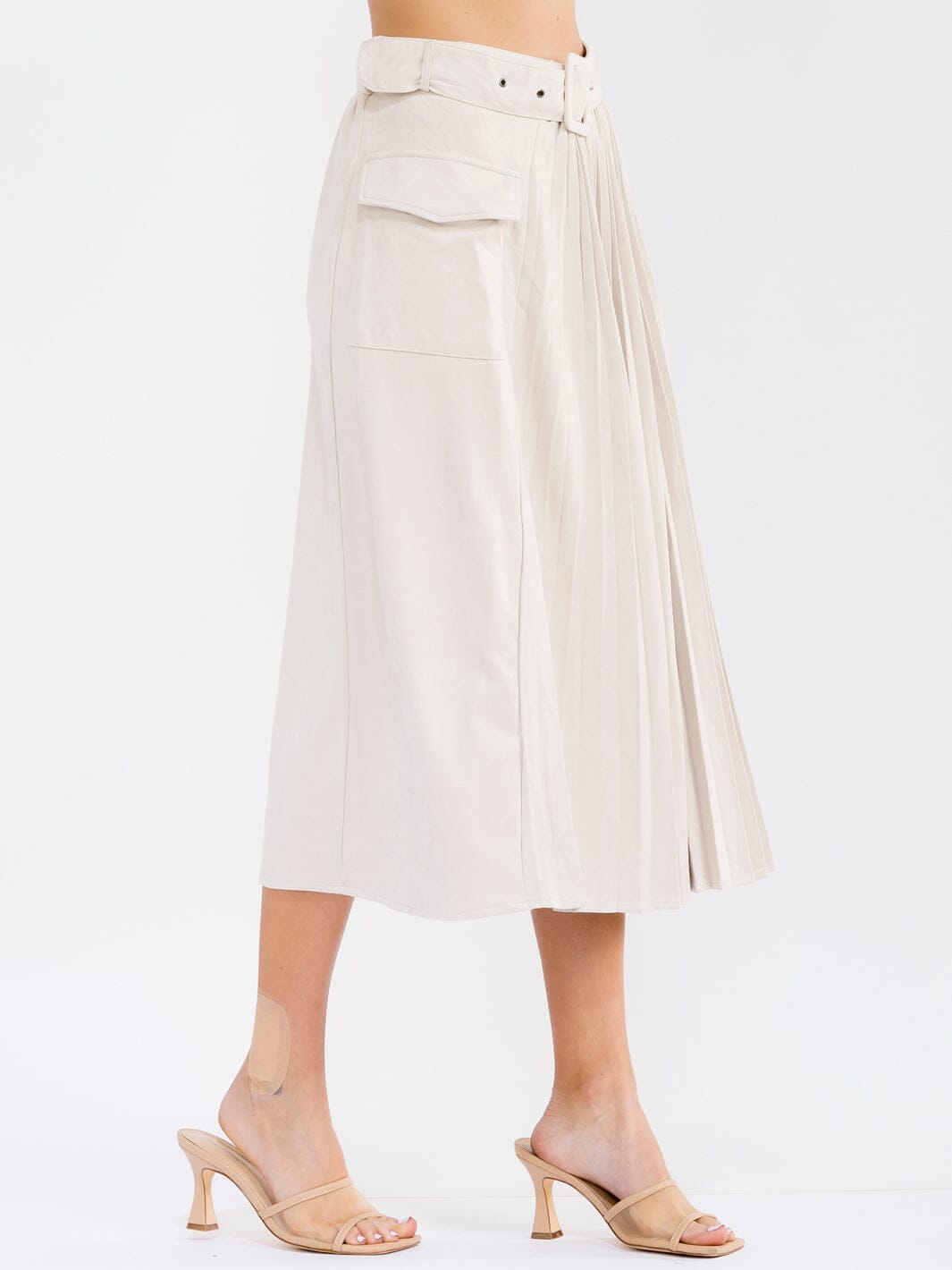 WOMEN'S ELASTIC WAIST FRONT POCKETS BELTED FLARE VELVET MIDI SKIRT