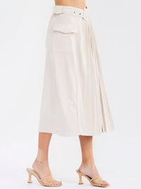 WOMEN'S ELASTIC WAIST FRONT POCKETS BELTED FLARE VELVET MIDI SKIRT