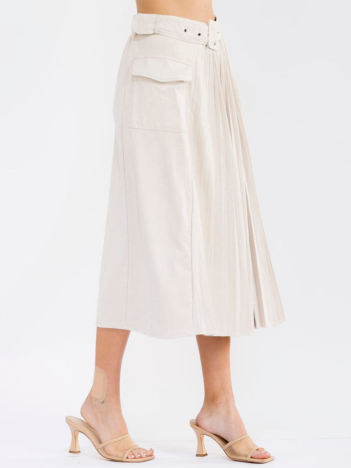 WOMEN'S ELASTIC WAIST FRONT POCKETS BELTED FLARE VELVET MIDI SKIRT