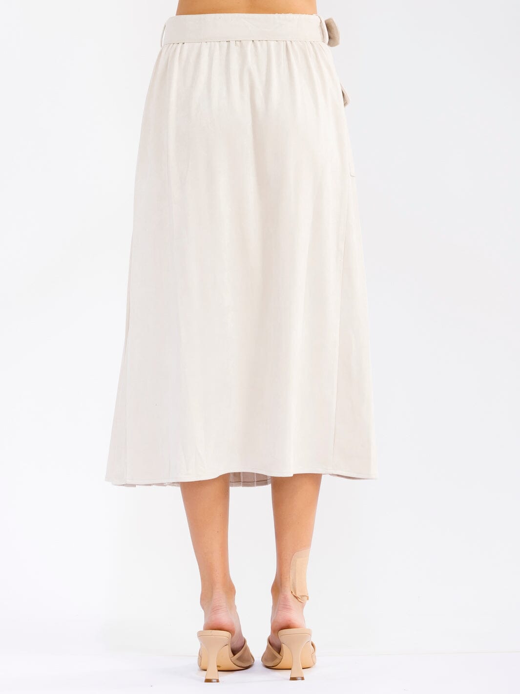 WOMEN'S ELASTIC WAIST FRONT POCKETS BELTED FLARE VELVET MIDI SKIRT