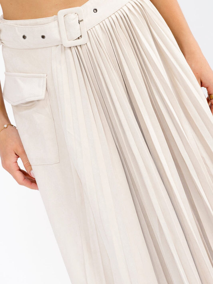 WOMEN'S ELASTIC WAIST FRONT POCKETS BELTED FLARE VELVET MIDI SKIRT