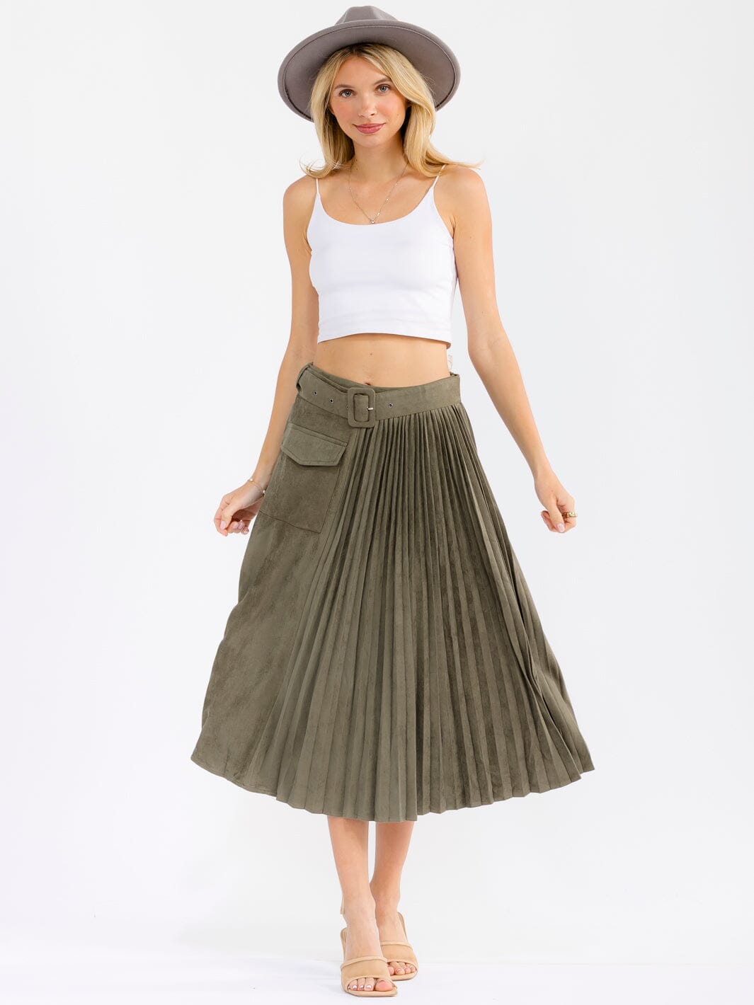 WOMEN'S ELASTIC WAIST FRONT POCKETS BELTED FLARE VELVET MIDI SKIRT