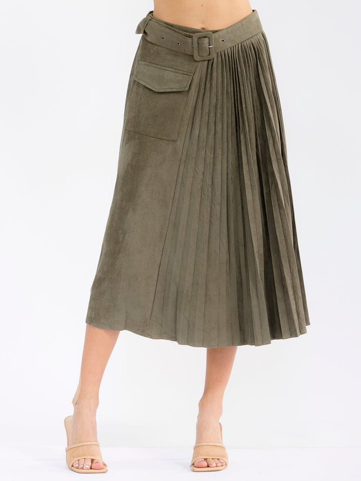 WOMEN'S ELASTIC WAIST FRONT POCKETS BELTED FLARE VELVET MIDI SKIRT