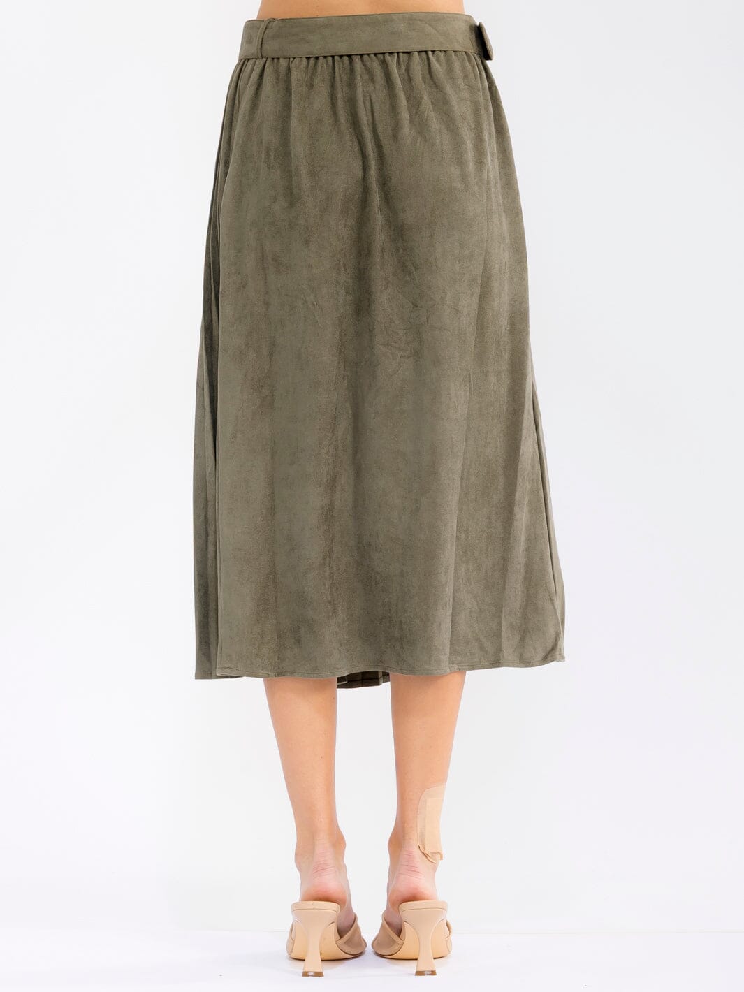 WOMEN'S ELASTIC WAIST FRONT POCKETS BELTED FLARE VELVET MIDI SKIRT