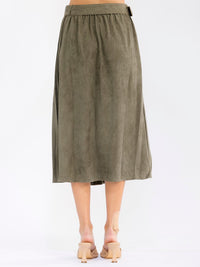 WOMEN'S ELASTIC WAIST FRONT POCKETS BELTED FLARE VELVET MIDI SKIRT