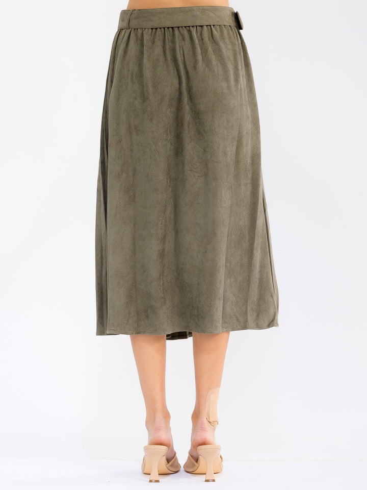 WOMEN'S ELASTIC WAIST FRONT POCKETS BELTED FLARE VELVET MIDI SKIRT