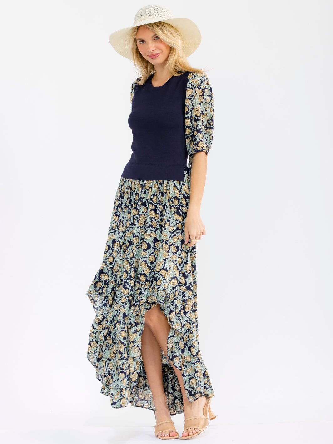 WOMEN'S 3/4 SLEEVES FRONT SLIT FLORAL PRINT CONTRAST MAXI DRESS