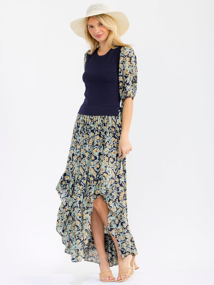 WOMEN'S 3/4 SLEEVES FRONT SLIT FLORAL PRINT CONTRAST MAXI DRESS