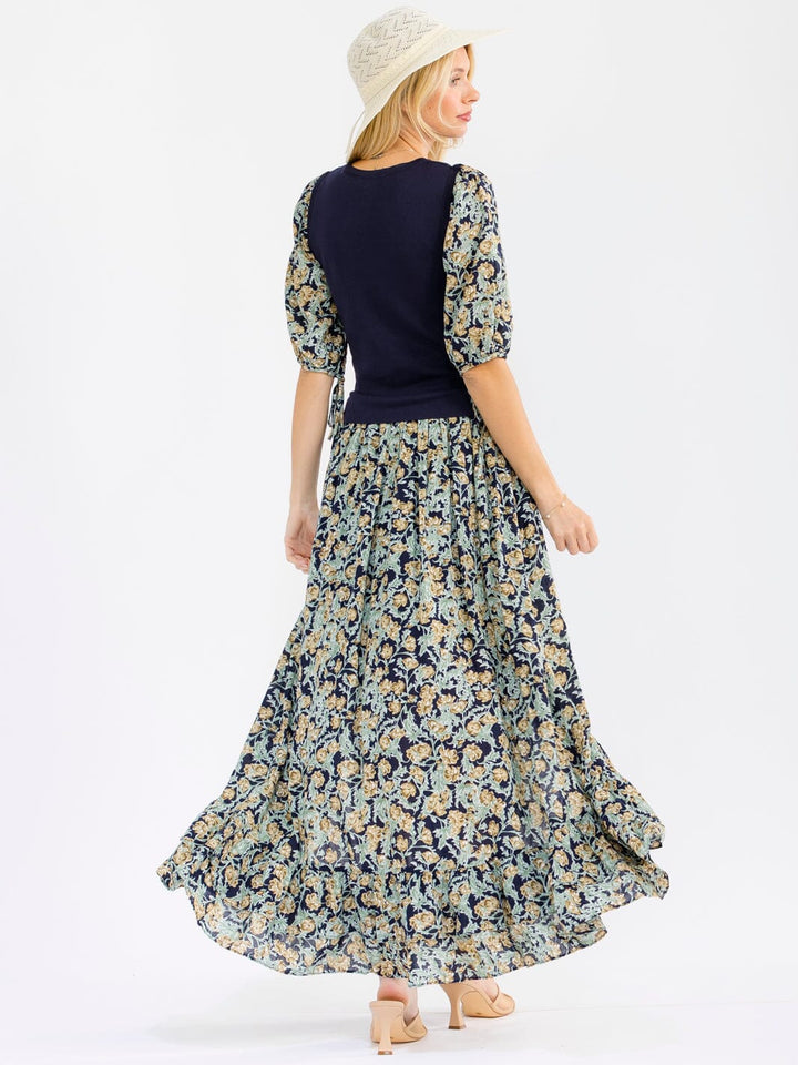 WOMEN'S 3/4 SLEEVES FRONT SLIT FLORAL PRINT CONTRAST MAXI DRESS