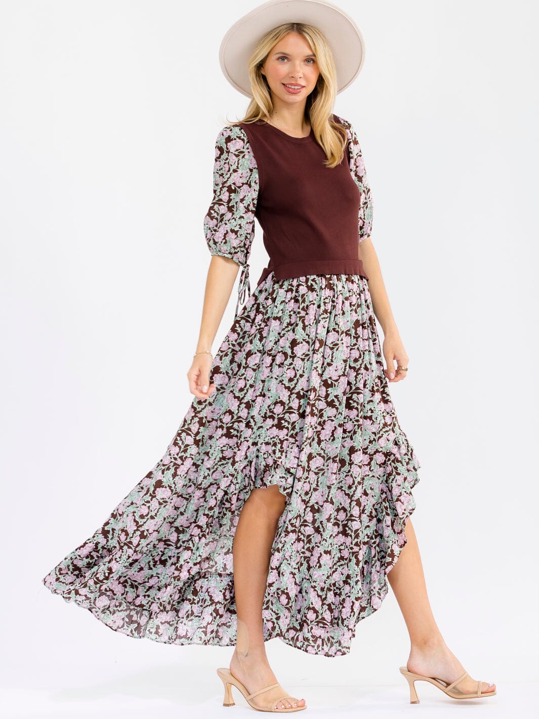 WOMEN'S 3/4 SLEEVES FRONT SLIT FLORAL PRINT CONTRAST MAXI DRESS
