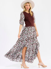 WOMEN'S 3/4 SLEEVES FRONT SLIT FLORAL PRINT CONTRAST MAXI DRESS