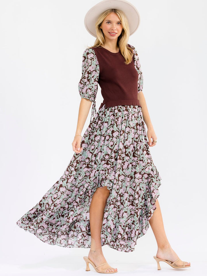 WOMEN'S 3/4 SLEEVES FRONT SLIT FLORAL PRINT CONTRAST MAXI DRESS