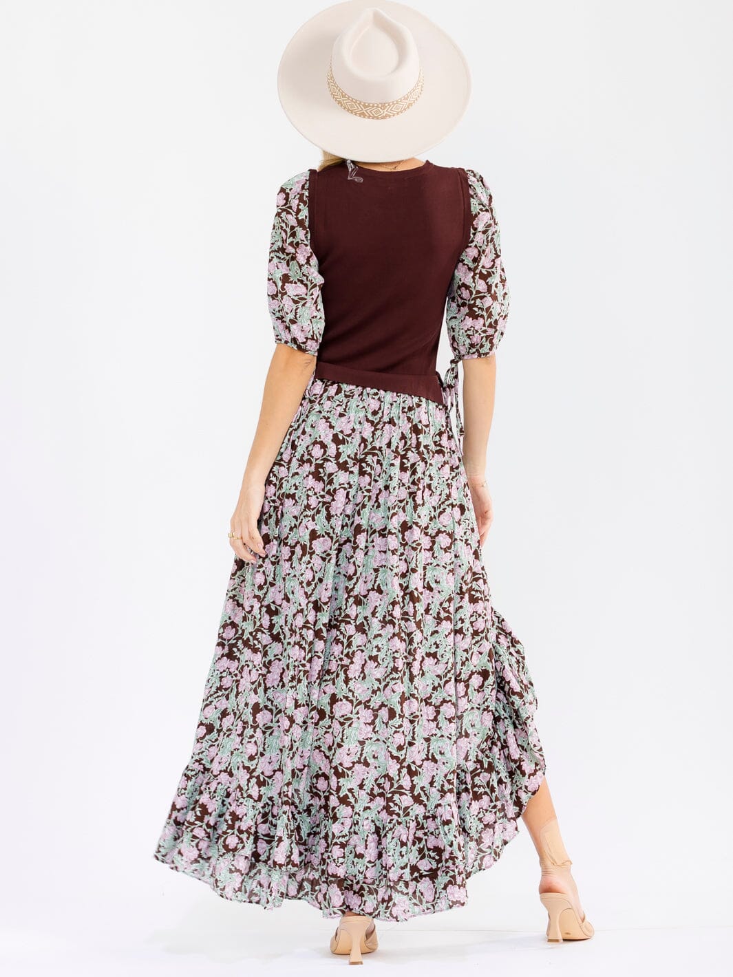 WOMEN'S 3/4 SLEEVES FRONT SLIT FLORAL PRINT CONTRAST MAXI DRESS