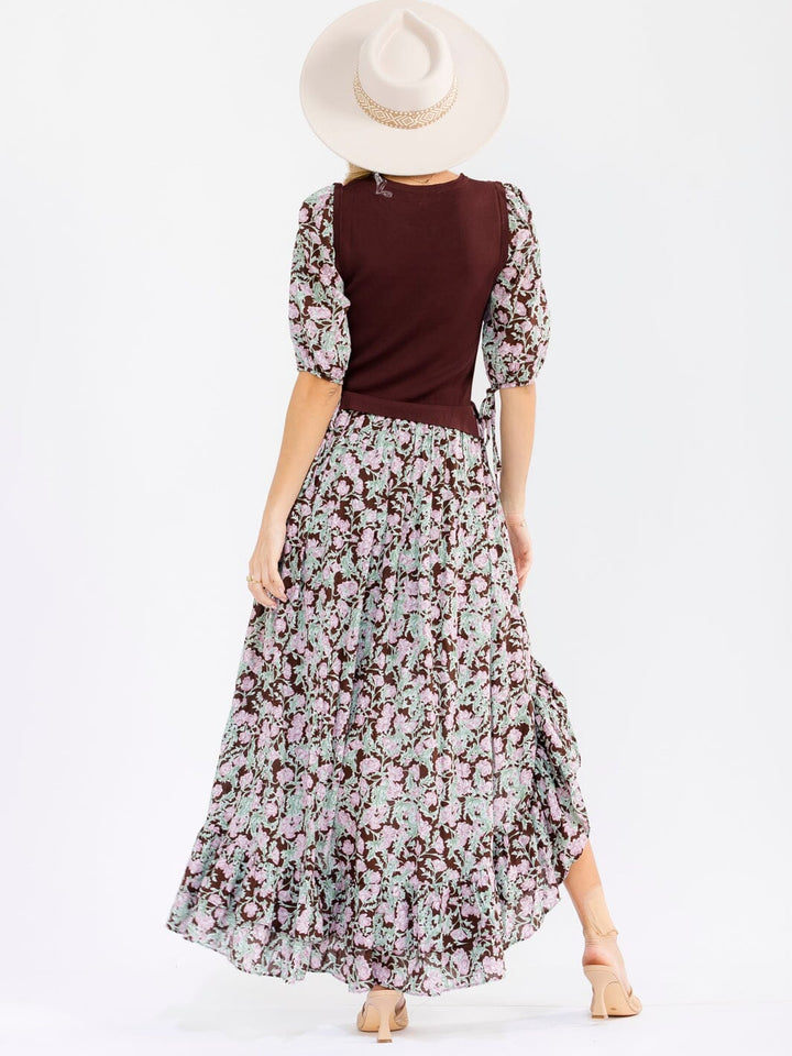 WOMEN'S 3/4 SLEEVES FRONT SLIT FLORAL PRINT CONTRAST MAXI DRESS