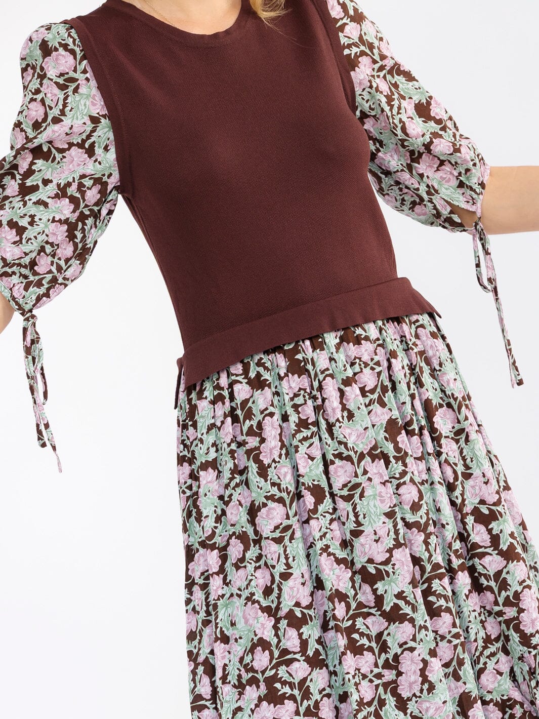 WOMEN'S 3/4 SLEEVES FRONT SLIT FLORAL PRINT CONTRAST MAXI DRESS